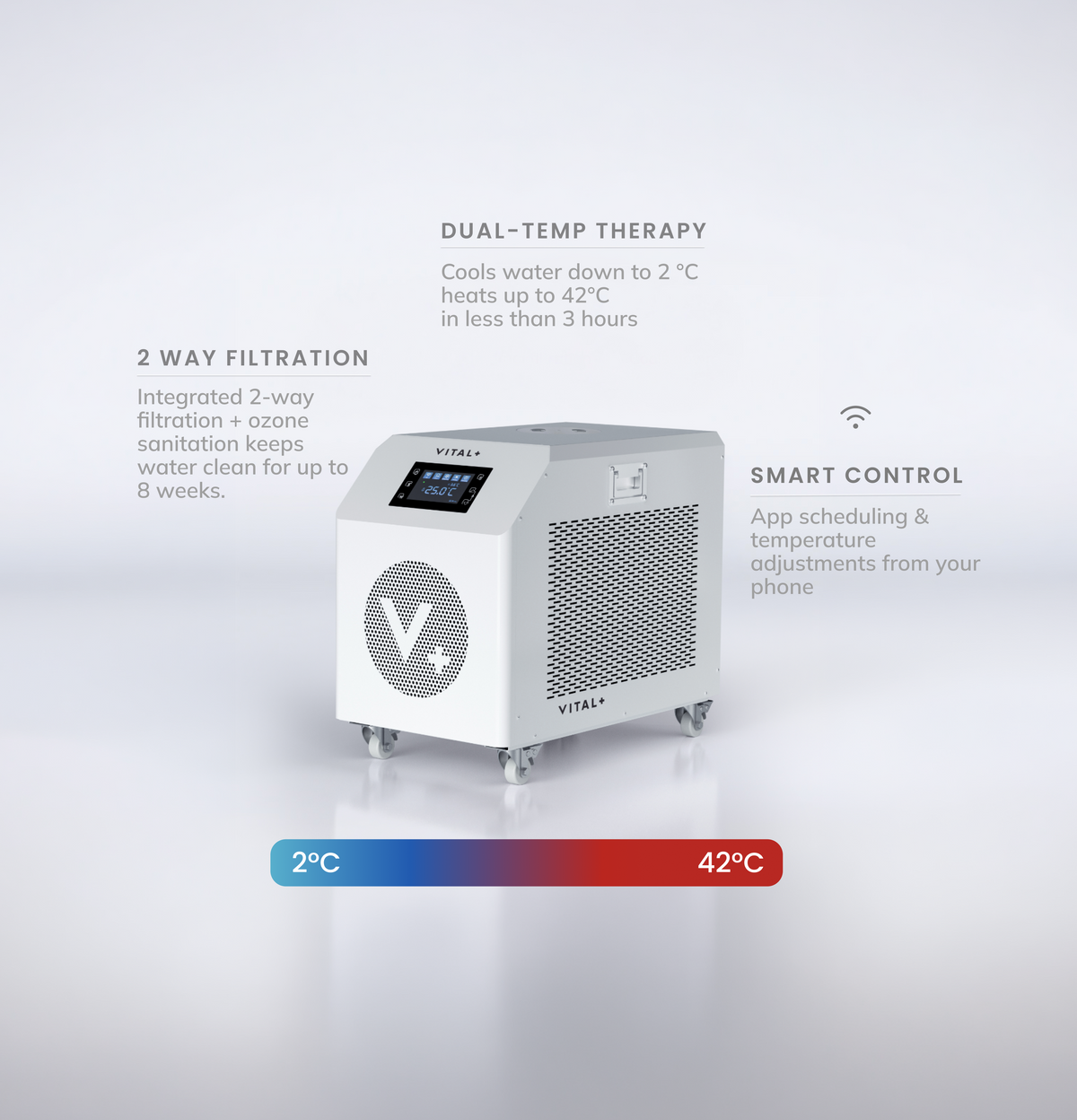 <p>Engineered for full-spectrum recovery, the Ultra Max Chiller cools your water down to 2°C for deep cold therapy—or heats it up to 42°C for a soothing hot soak. With a powerful 0.6HP motor and advanced three-way filtration, it delivers fast temperature shifts and cleaner water for longer-lasting performance. Whether you’re plunging post-workout or unwinding after a long day, this is total control in one powerful unit.</p>
